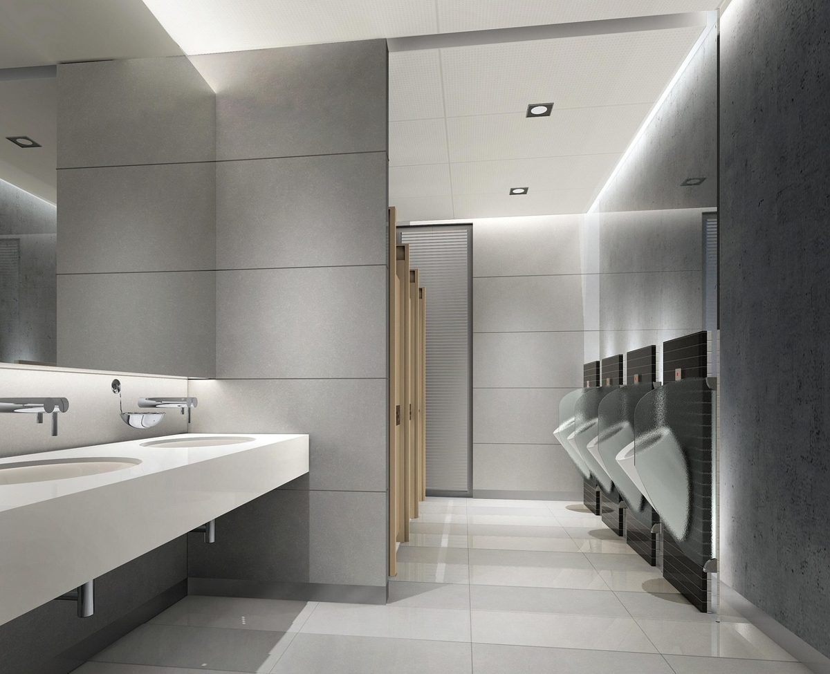 Commercial washroom with wall-hung urinals, washbasins and full-height cubicles