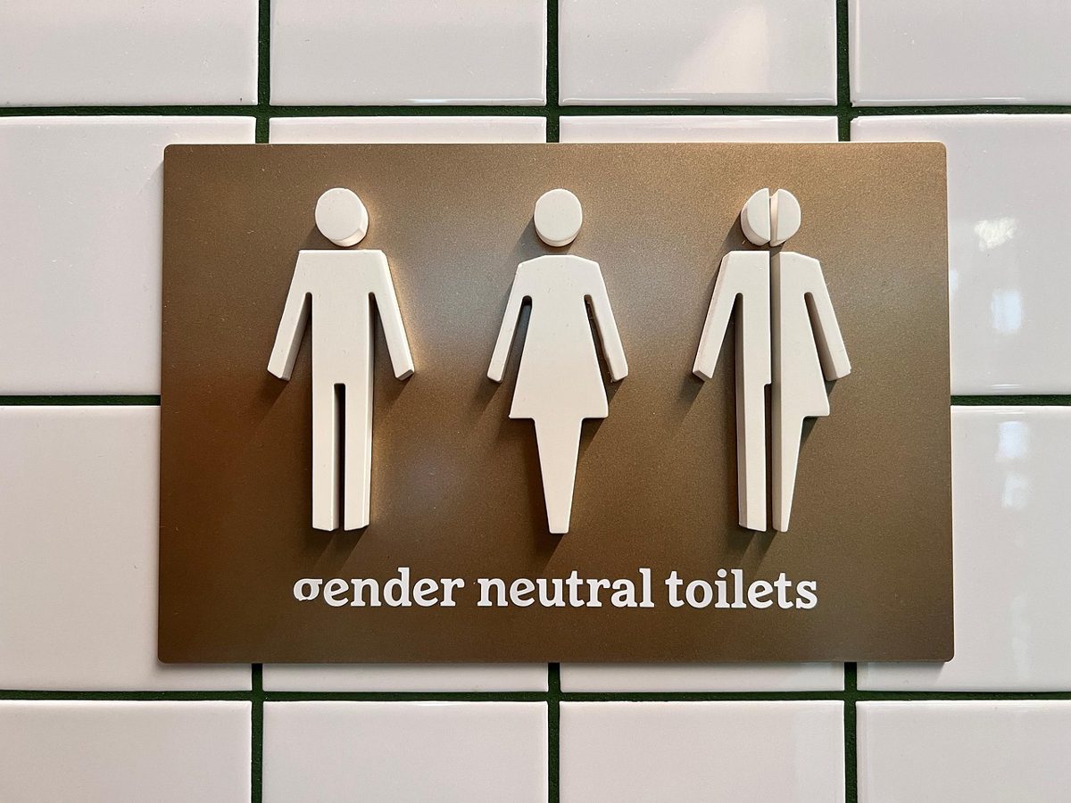 Gender neutral washrooms sign showing male, female and gender neutral toilet symbols