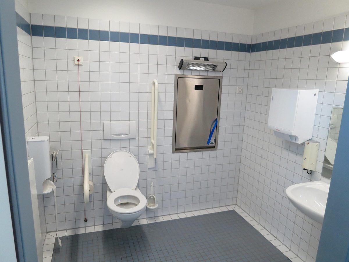 Accessible WC with a grab bar by toilet on both sides and a fold-down support rail